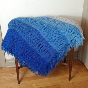 Vintage Knit Crochet Blanket Afghan Throw Fringe Granny Boho Ombre Blue 1970's